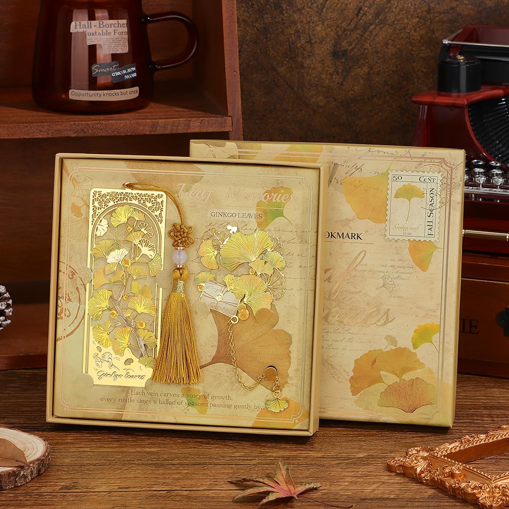 2pcs Bookmark Ginkgo Leaf Theme Elegant Natural Book Marks Set with Tassel, Cute Bookmarks for Writers, Kids, Teens, Men Readers, Reading Accessories Gifts for Book Lovers