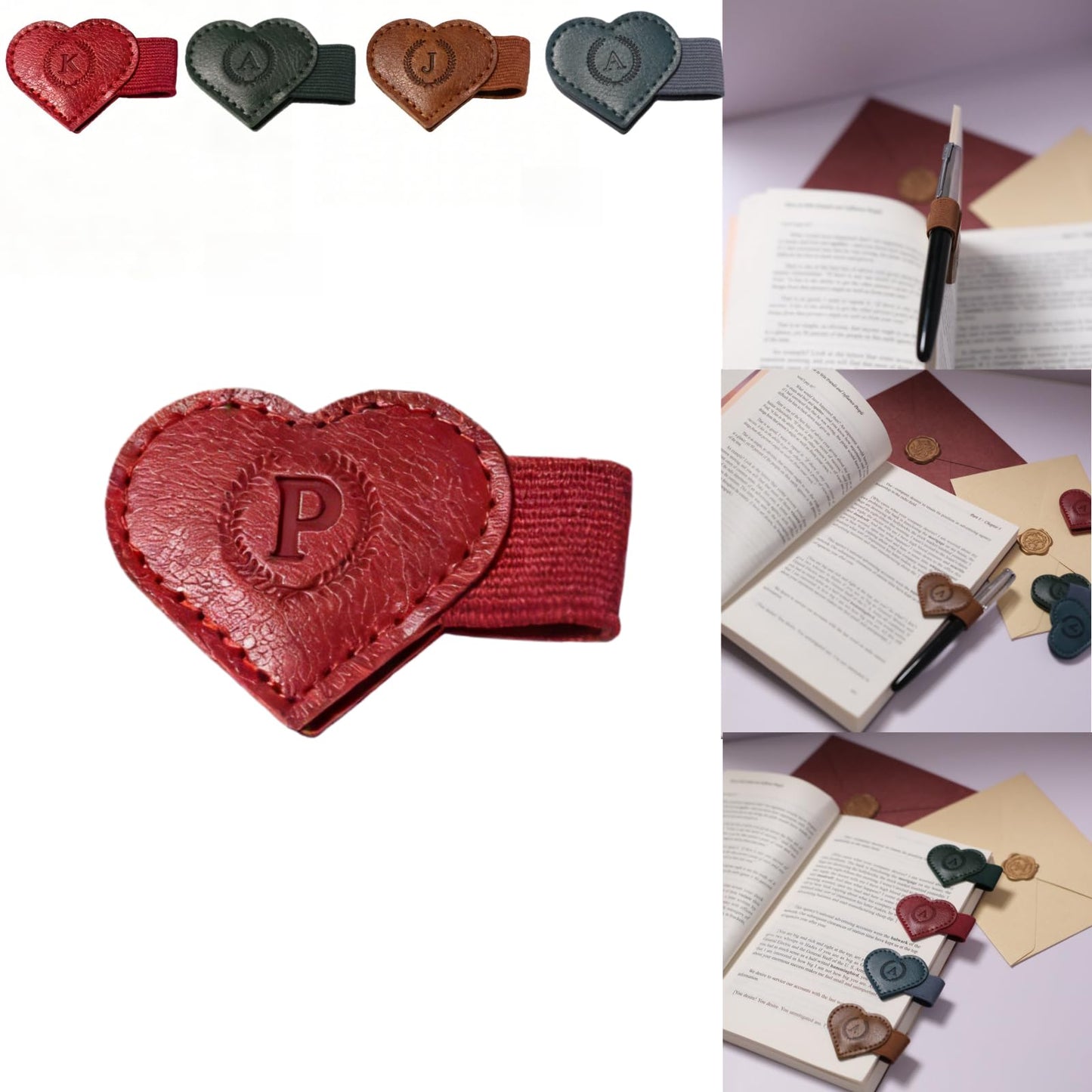 Magnetic Leather Bookmarks with Pen Holder, 26 Letters Name Initial Custom Personalized Heart-Shaped Book Marks for Book Lover Readers, Bygone Cute Leather Bookmark Gift for Women,Girls (Red,J)
