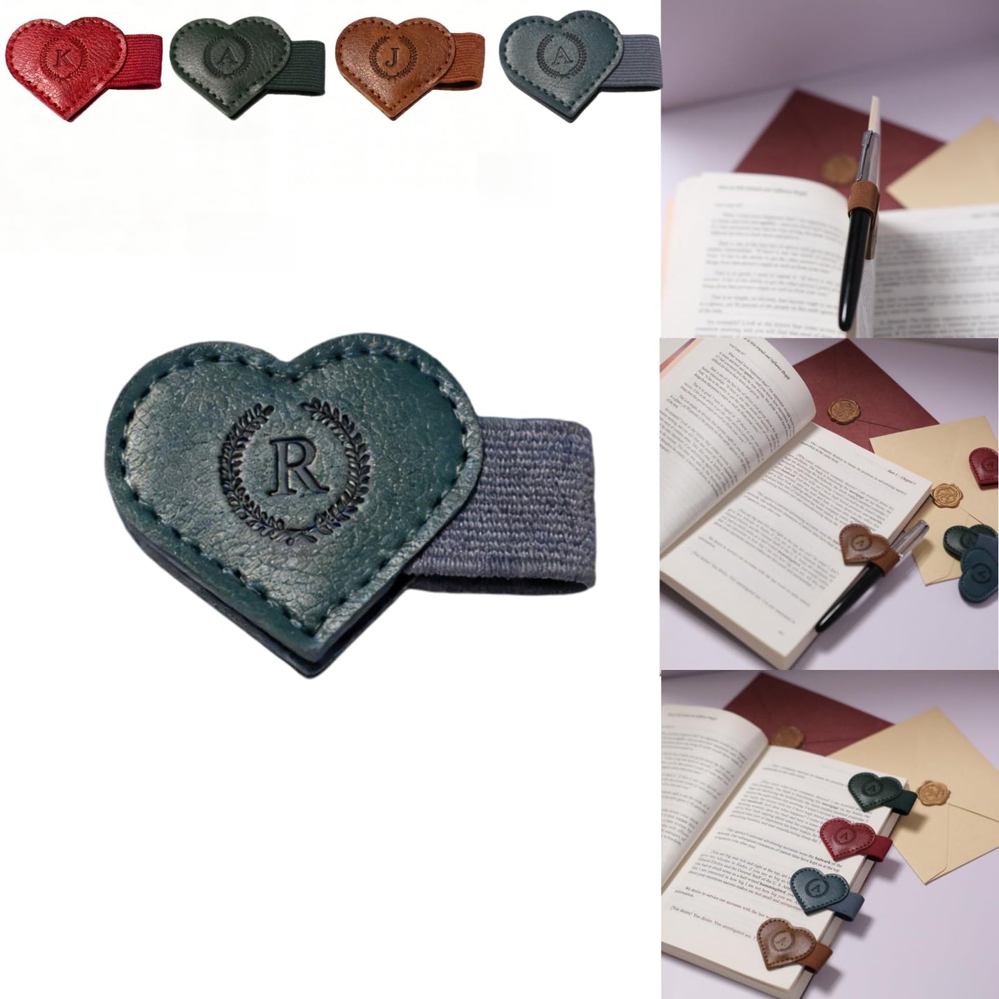 Magnetic Leather Bookmarks with Pen Holder, 26 Letters Name Initial Custom Personalized Heart-Shaped Book Marks for Book Lover Readers, Bygone Cute Leather Bookmark Gift for Women,Girls (Red,J)