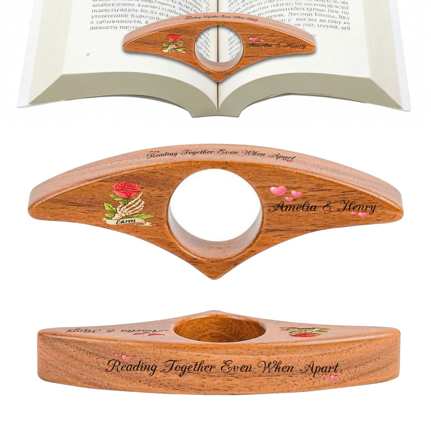 Personalized Valentines Book Page Holder, Custom Wooden Thumb Page Holder with Name, Book Accessories for Reading Lovers, Personalized Bookish Couple Gift for Her Girlfriend Wife Style 01