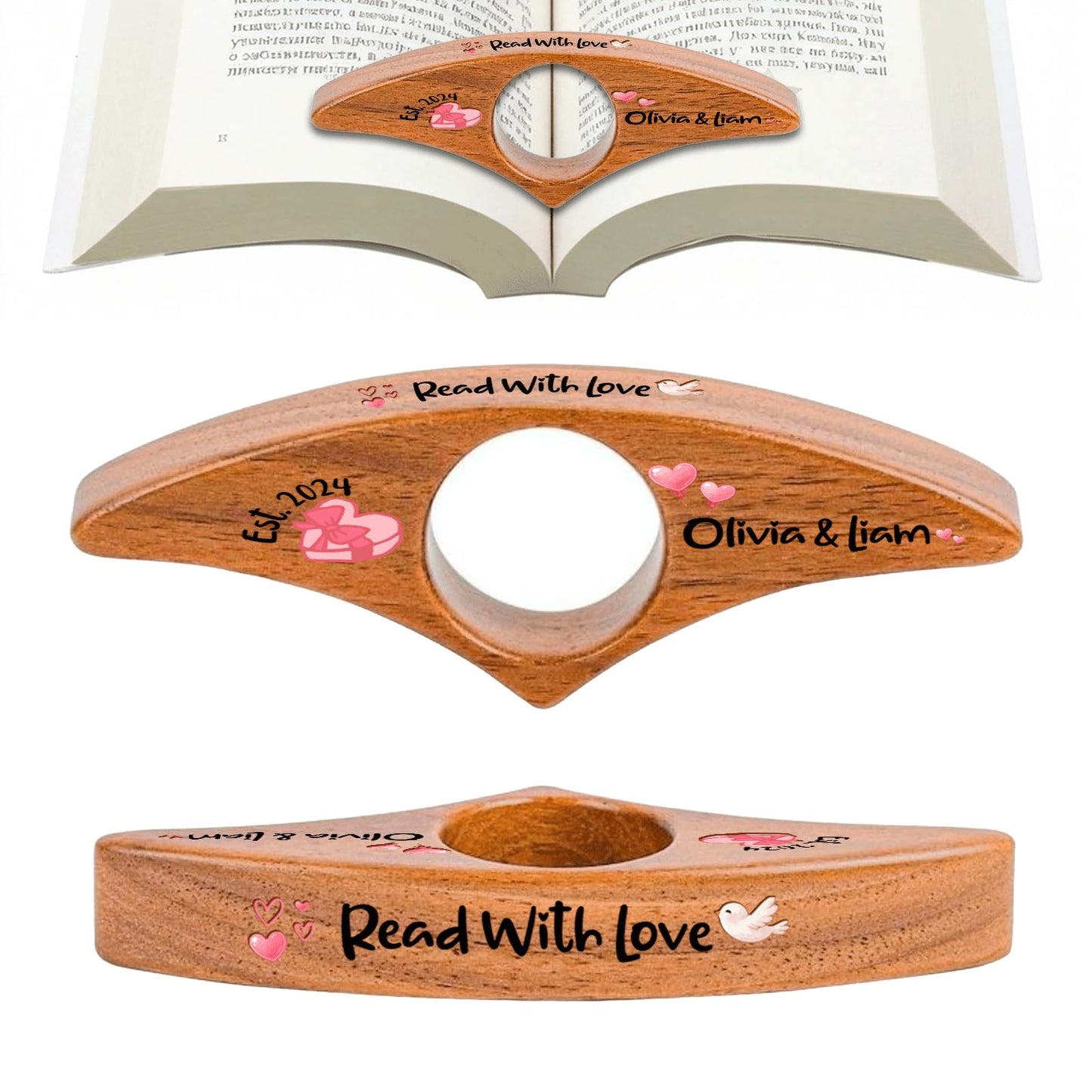 Personalized Valentines Book Page Holder, Custom Wooden Thumb Page Holder with Name, Book Accessories for Reading Lovers, Personalized Bookish Couple Gift for Her Girlfriend Wife Style 01