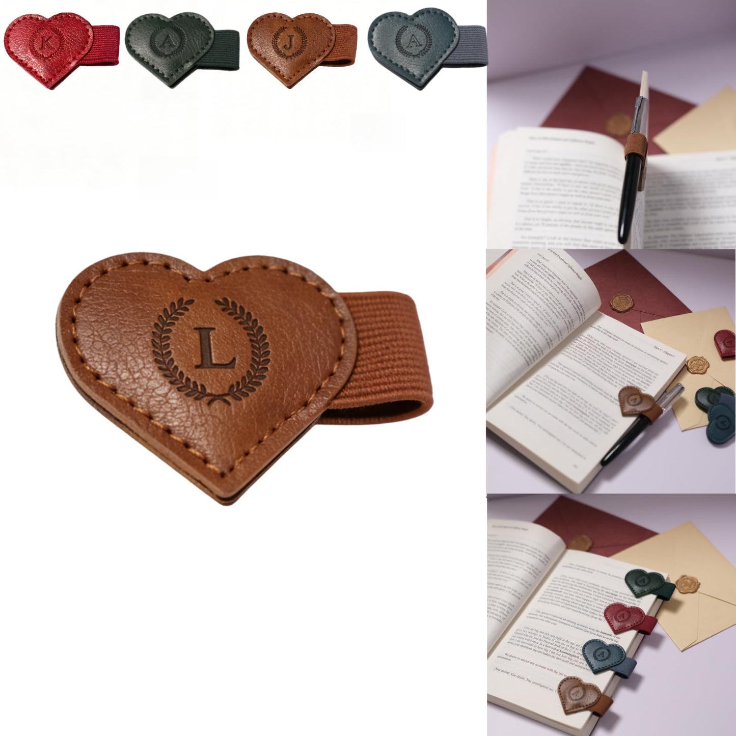 Magnetic Leather Bookmarks with Pen Holder, 26 Letters Name Initial Custom Personalized Heart-Shaped Book Marks for Book Lover Readers, Bygone Cute Leather Bookmark Gift for Women,Girls (Red,J)