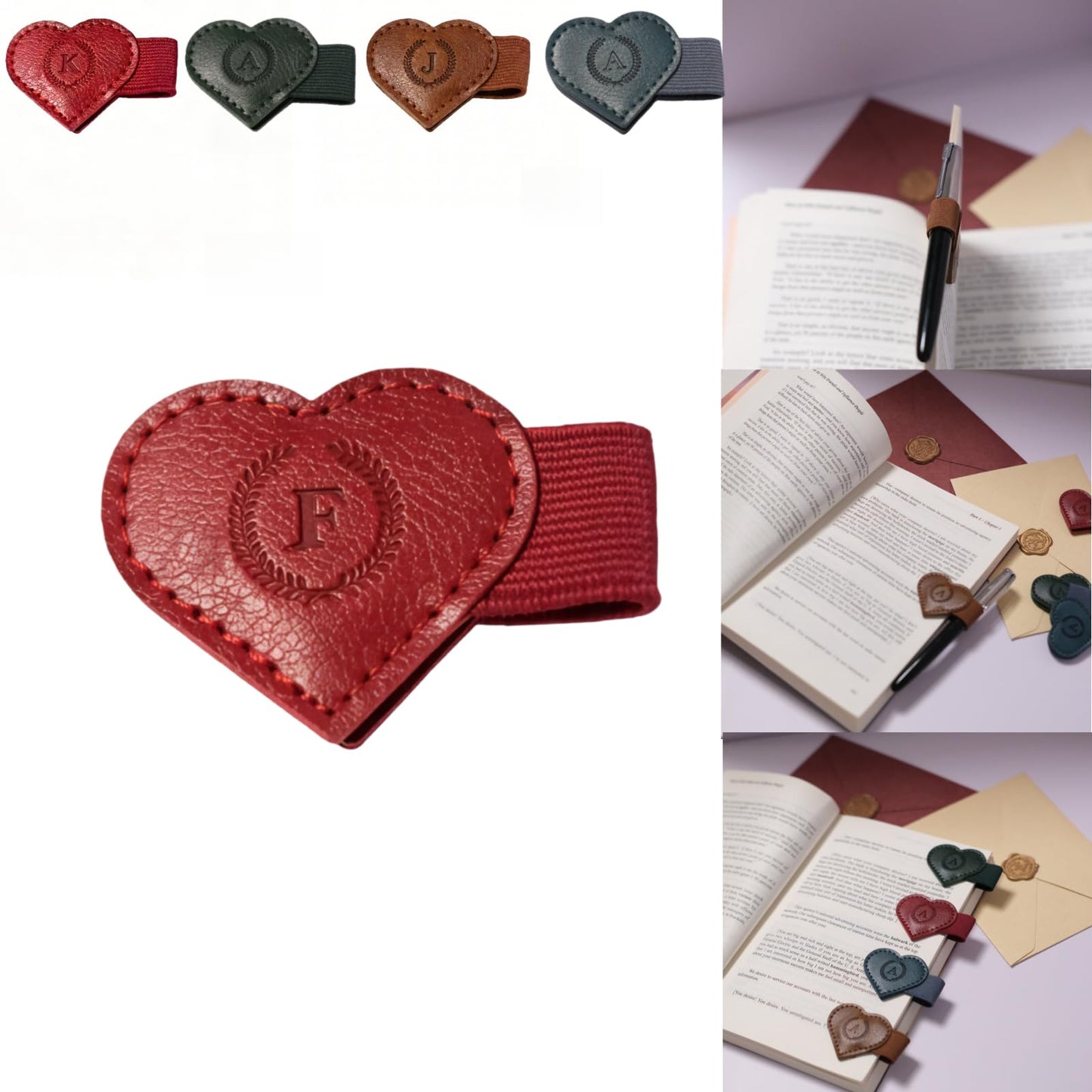 Magnetic Leather Bookmarks with Pen Holder, 26 Letters Name Initial Custom Personalized Heart-Shaped Book Marks for Book Lover Readers, Bygone Cute Leather Bookmark Gift for Women,Girls (Red,J)