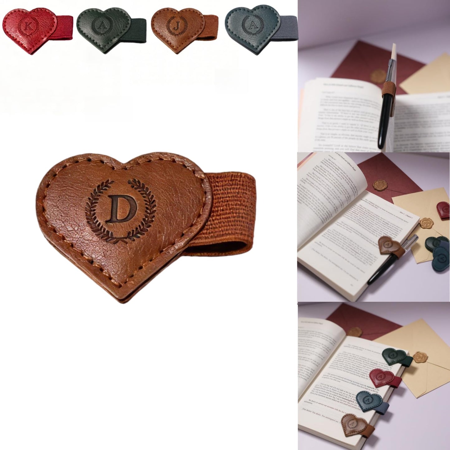 Magnetic Leather Bookmarks with Pen Holder, 26 Letters Name Initial Custom Personalized Heart-Shaped Book Marks for Book Lover Readers, Bygone Cute Leather Bookmark Gift for Women,Girls (Red,J)