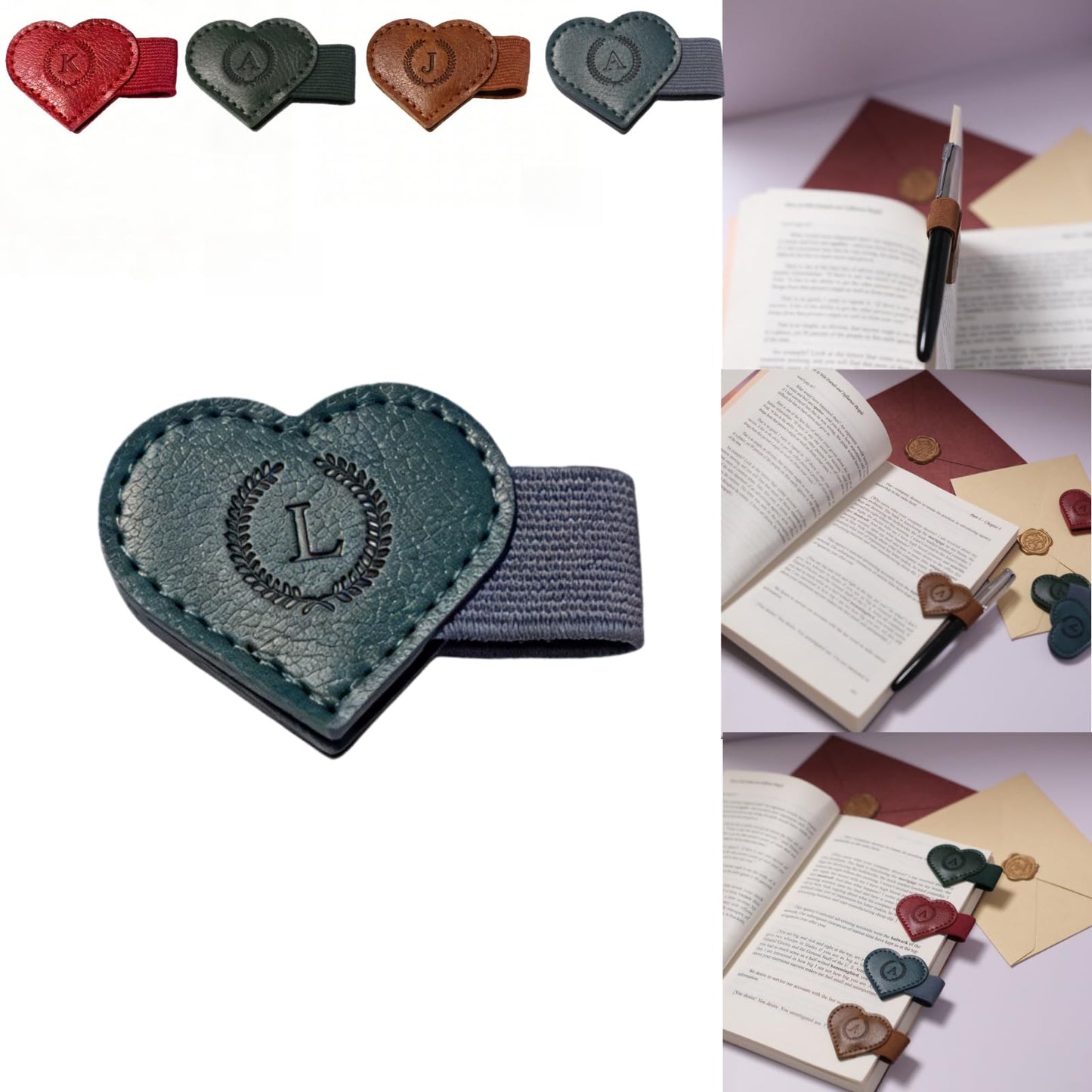 Magnetic Leather Bookmarks with Pen Holder, 26 Letters Name Initial Custom Personalized Heart-Shaped Book Marks for Book Lover Readers, Bygone Cute Leather Bookmark Gift for Women,Girls (Red,J)
