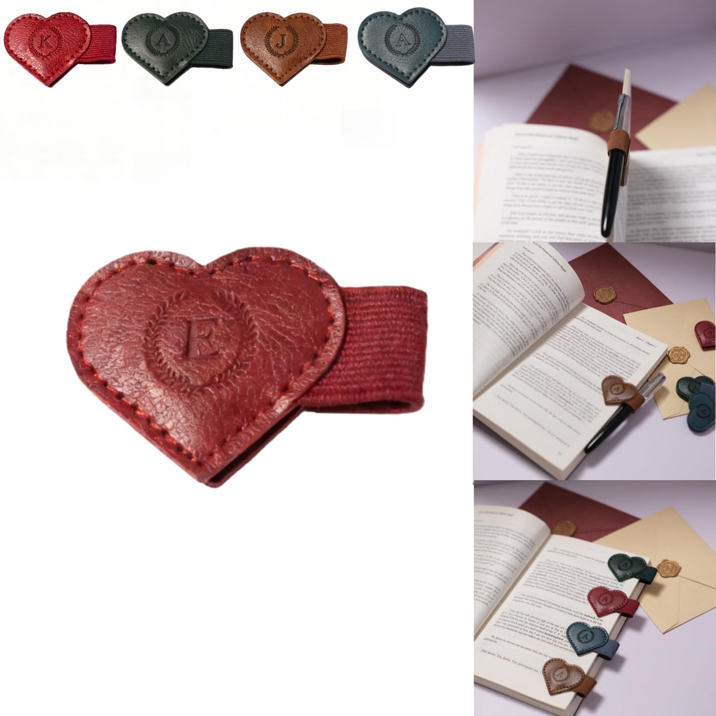 Magnetic Leather Bookmarks with Pen Holder, 26 Letters Name Initial Custom Personalized Heart-Shaped Book Marks for Book Lover Readers, Bygone Cute Leather Bookmark Gift for Women,Girls (Red,J)