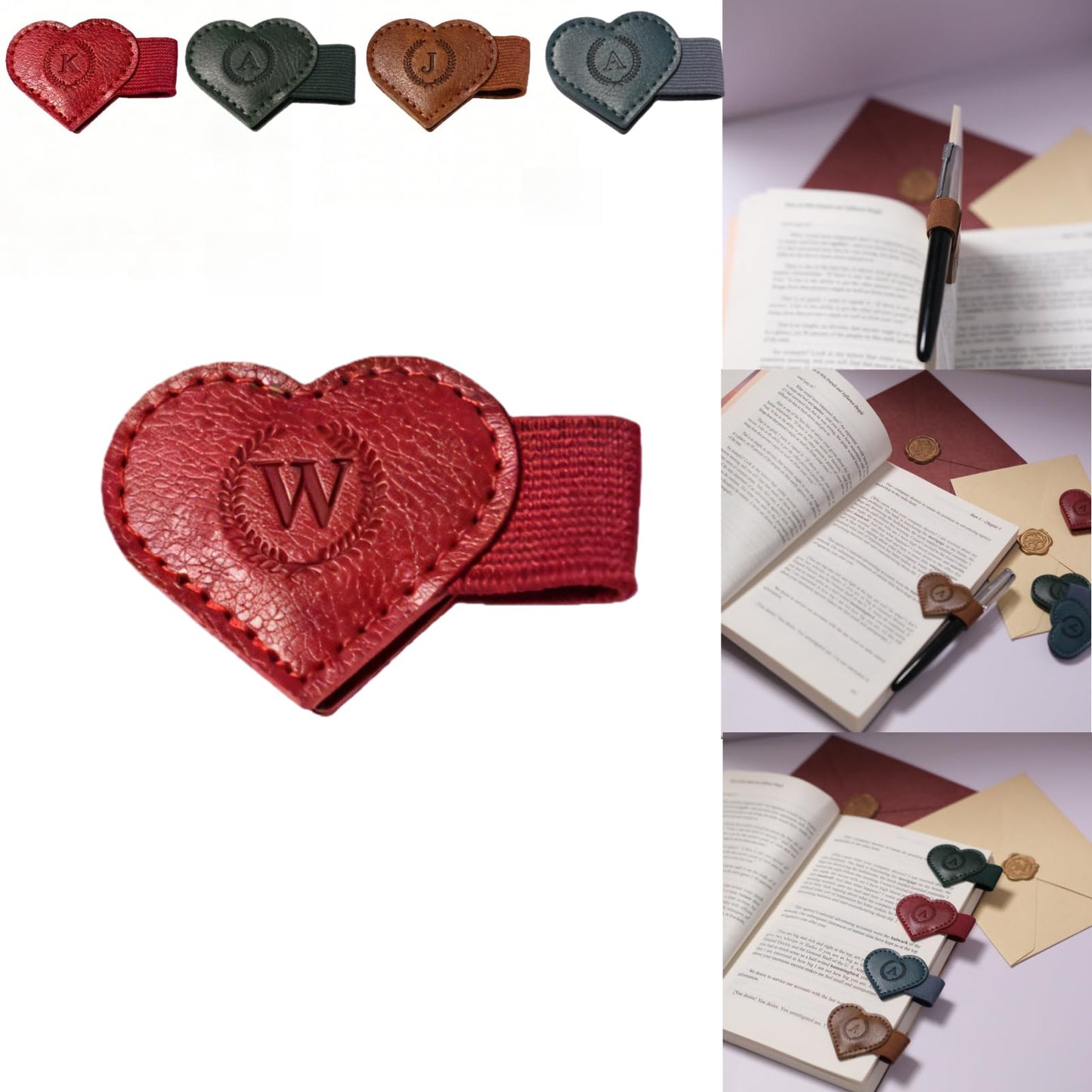 Magnetic Leather Bookmarks with Pen Holder, 26 Letters Name Initial Custom Personalized Heart-Shaped Book Marks for Book Lover Readers, Bygone Cute Leather Bookmark Gift for Women,Girls (Red,J)