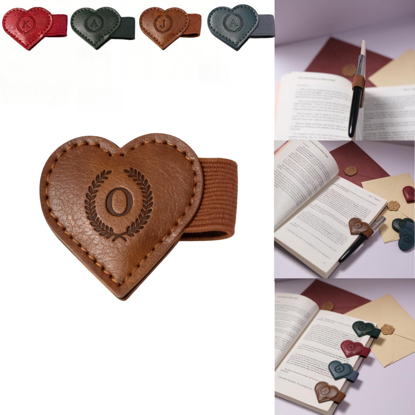 Magnetic Leather Bookmarks with Pen Holder, 26 Letters Name Initial Custom Personalized Heart-Shaped Book Marks for Book Lover Readers, Bygone Cute Leather Bookmark Gift for Women,Girls (Red,J)