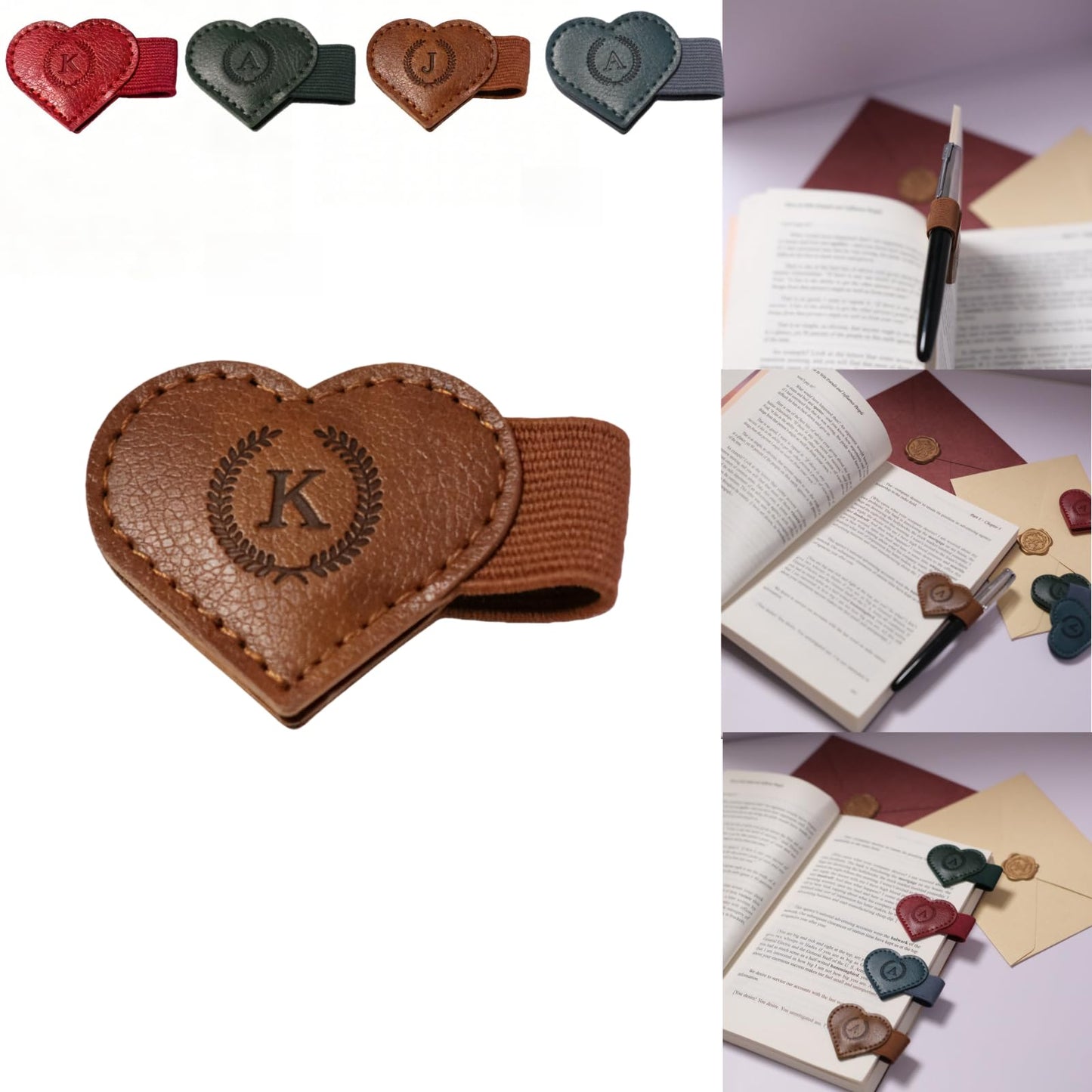 Magnetic Leather Bookmarks with Pen Holder, 26 Letters Name Initial Custom Personalized Heart-Shaped Book Marks for Book Lover Readers, Bygone Cute Leather Bookmark Gift for Women,Girls (Red,J)