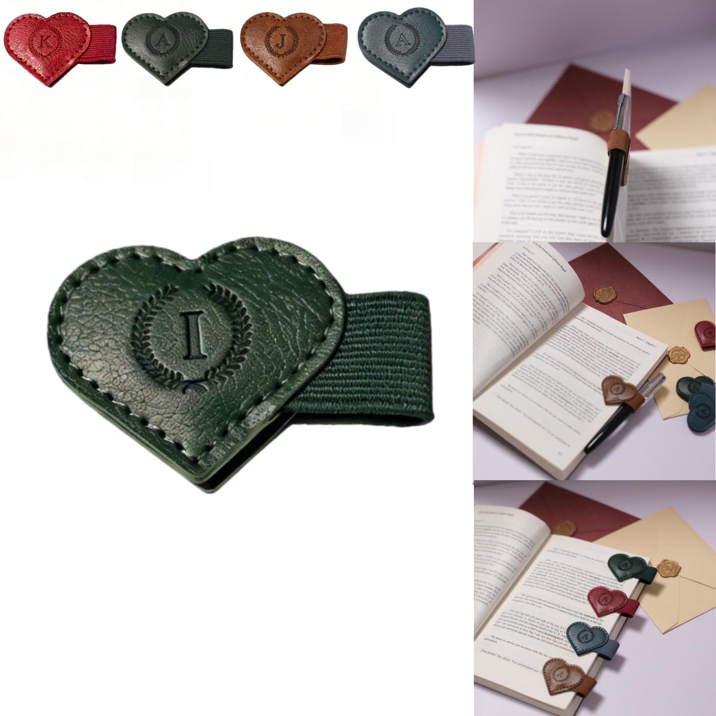 Magnetic Leather Bookmarks with Pen Holder, 26 Letters Name Initial Custom Personalized Heart-Shaped Book Marks for Book Lover Readers, Bygone Cute Leather Bookmark Gift for Women,Girls (Red,J)