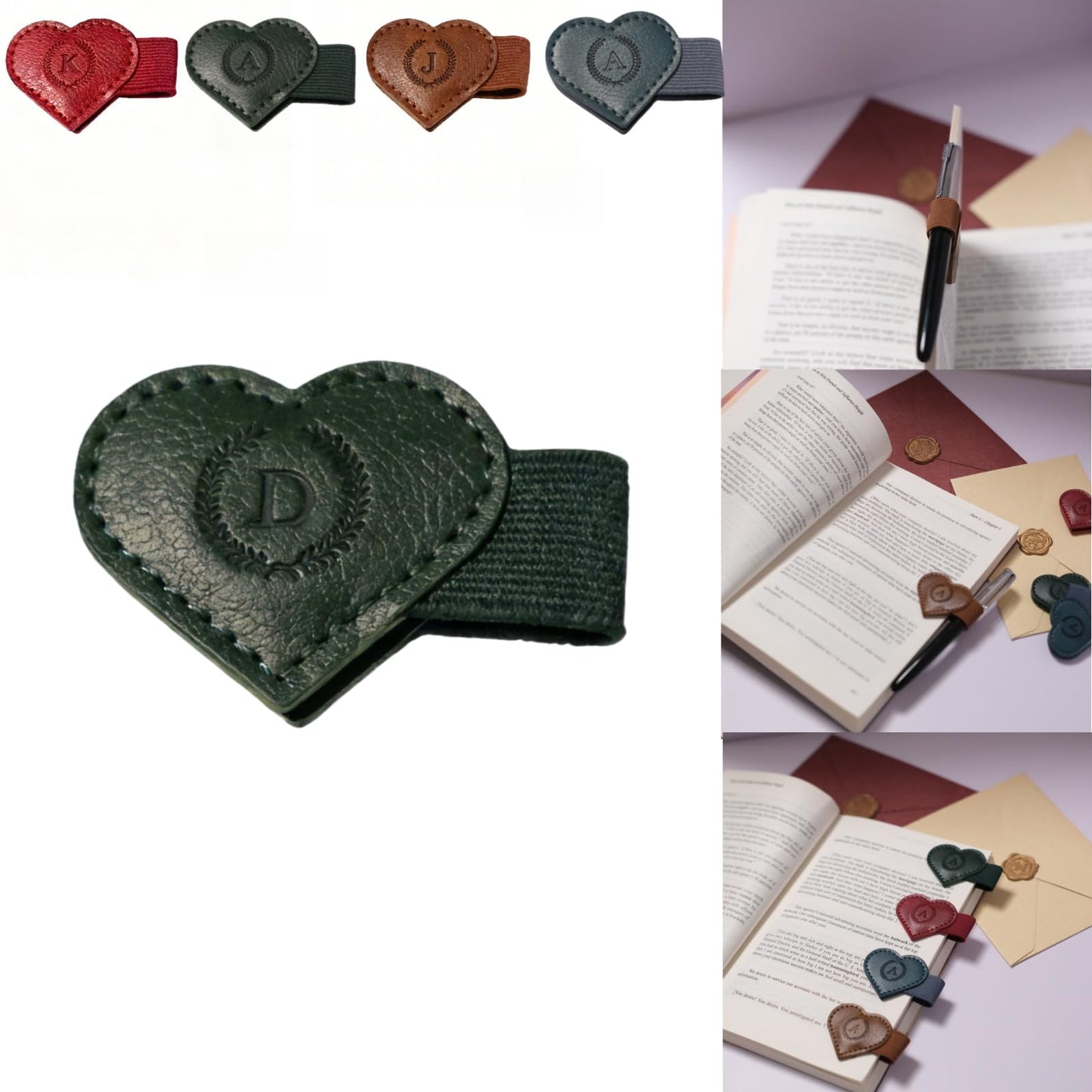 Magnetic Leather Bookmarks with Pen Holder, 26 Letters Name Initial Custom Personalized Heart-Shaped Book Marks for Book Lover Readers, Bygone Cute Leather Bookmark Gift for Women,Girls (Red,J)