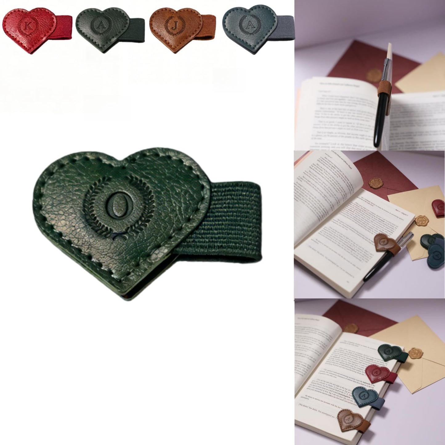 Magnetic Leather Bookmarks with Pen Holder, 26 Letters Name Initial Custom Personalized Heart-Shaped Book Marks for Book Lover Readers, Bygone Cute Leather Bookmark Gift for Women,Girls (Red,J)