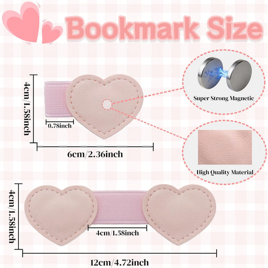 Magnetic Leather Heart Bookmarks with Pen Holder - Winjeto 2 Pieces Cute Book Marks for Reading Women Kids Accessories, Book Lovers Gifts for Friends Teacher School Office Supplies with Gift Box, Pink