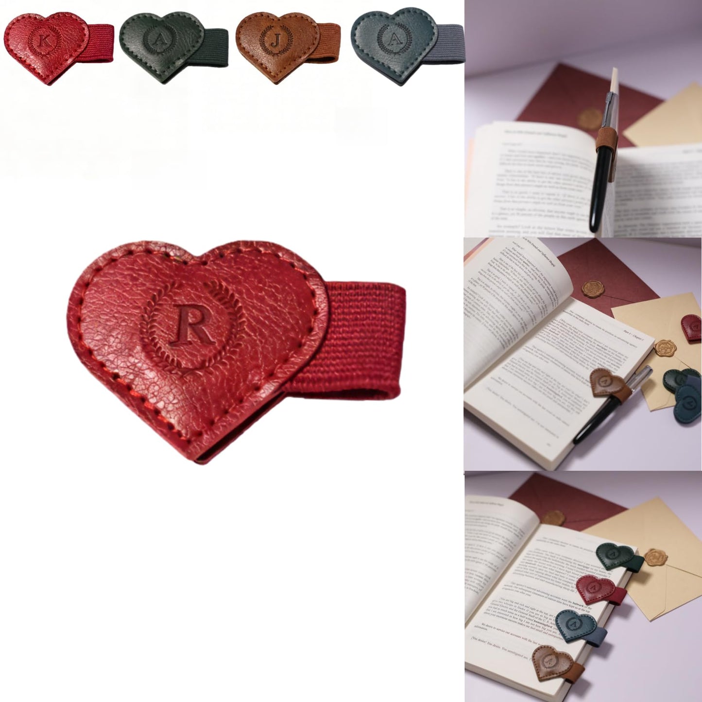 Magnetic Leather Bookmarks with Pen Holder, 26 Letters Name Initial Custom Personalized Heart-Shaped Book Marks for Book Lover Readers, Bygone Cute Leather Bookmark Gift for Women,Girls (Red,J)