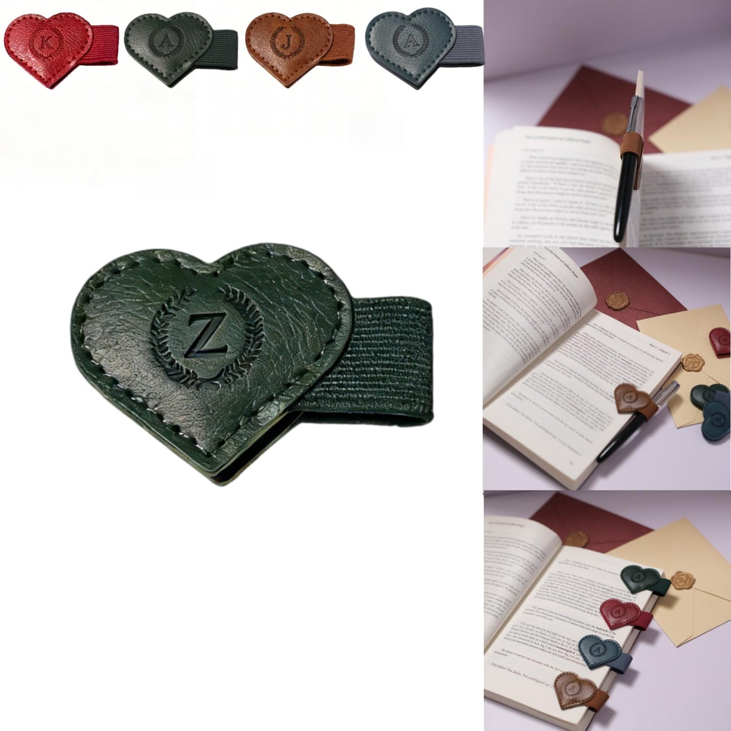 Magnetic Leather Bookmarks with Pen Holder, 26 Letters Name Initial Custom Personalized Heart-Shaped Book Marks for Book Lover Readers, Bygone Cute Leather Bookmark Gift for Women,Girls (Red,J)