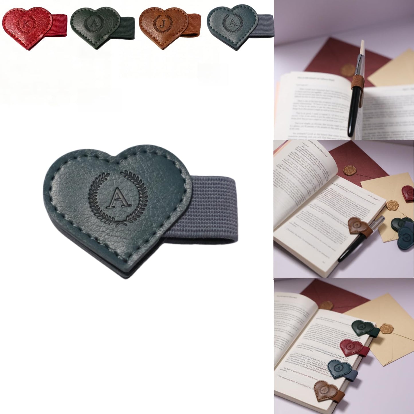 Magnetic Leather Bookmarks with Pen Holder, 26 Letters Name Initial Custom Personalized Heart-Shaped Book Marks for Book Lover Readers, Bygone Cute Leather Bookmark Gift for Women,Girls (Red,J)
