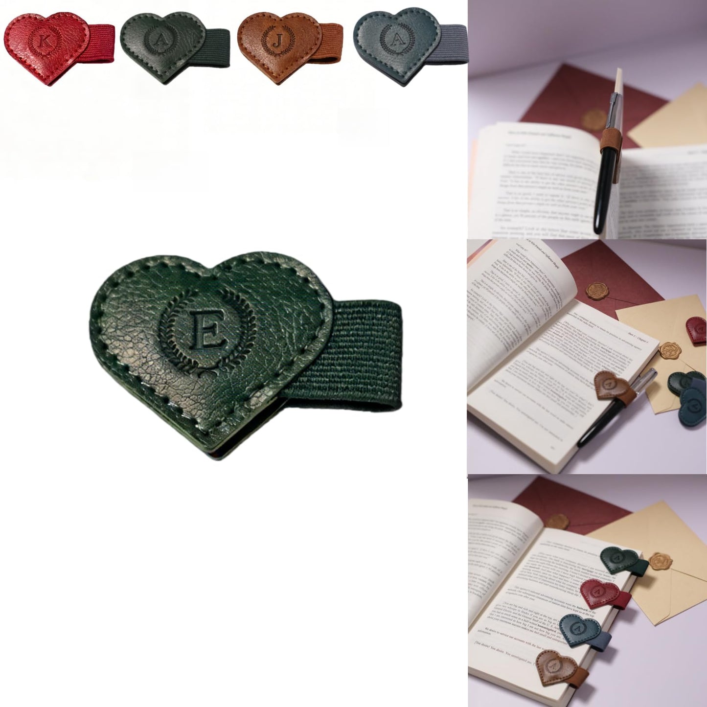 Magnetic Leather Bookmarks with Pen Holder, 26 Letters Name Initial Custom Personalized Heart-Shaped Book Marks for Book Lover Readers, Bygone Cute Leather Bookmark Gift for Women,Girls (Red,J)