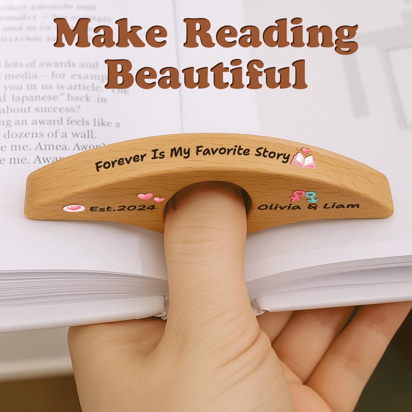 Personalized Valentines Book Page Holder, Custom Wooden Thumb Page Holder with Name, Book Accessories for Reading Lovers, Personalized Bookish Couple Gift for Her Girlfriend Wife Style 01
