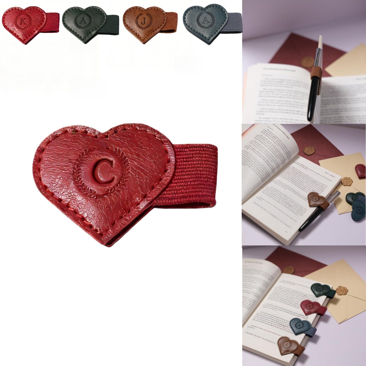 Magnetic Leather Bookmarks with Pen Holder, 26 Letters Name Initial Custom Personalized Heart-Shaped Book Marks for Book Lover Readers, Bygone Cute Leather Bookmark Gift for Women,Girls (Red,J)