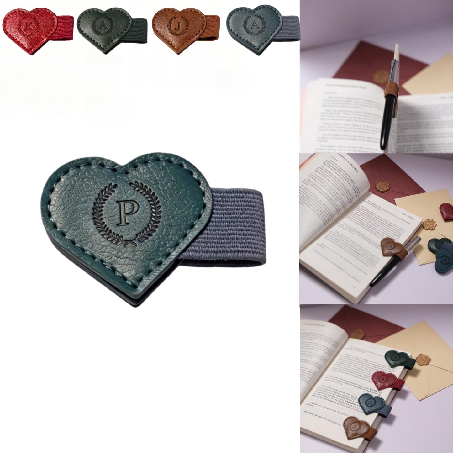 Magnetic Leather Bookmarks with Pen Holder, 26 Letters Name Initial Custom Personalized Heart-Shaped Book Marks for Book Lover Readers, Bygone Cute Leather Bookmark Gift for Women,Girls (Red,J)