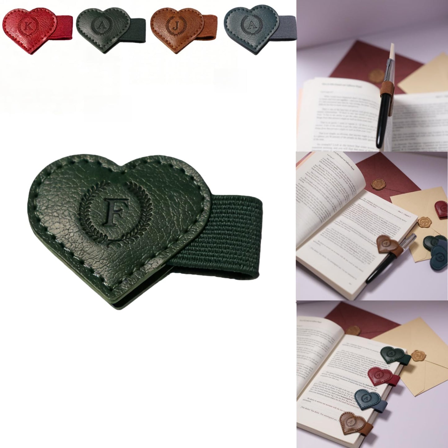 Magnetic Leather Bookmarks with Pen Holder, 26 Letters Name Initial Custom Personalized Heart-Shaped Book Marks for Book Lover Readers, Bygone Cute Leather Bookmark Gift for Women,Girls (Red,J)