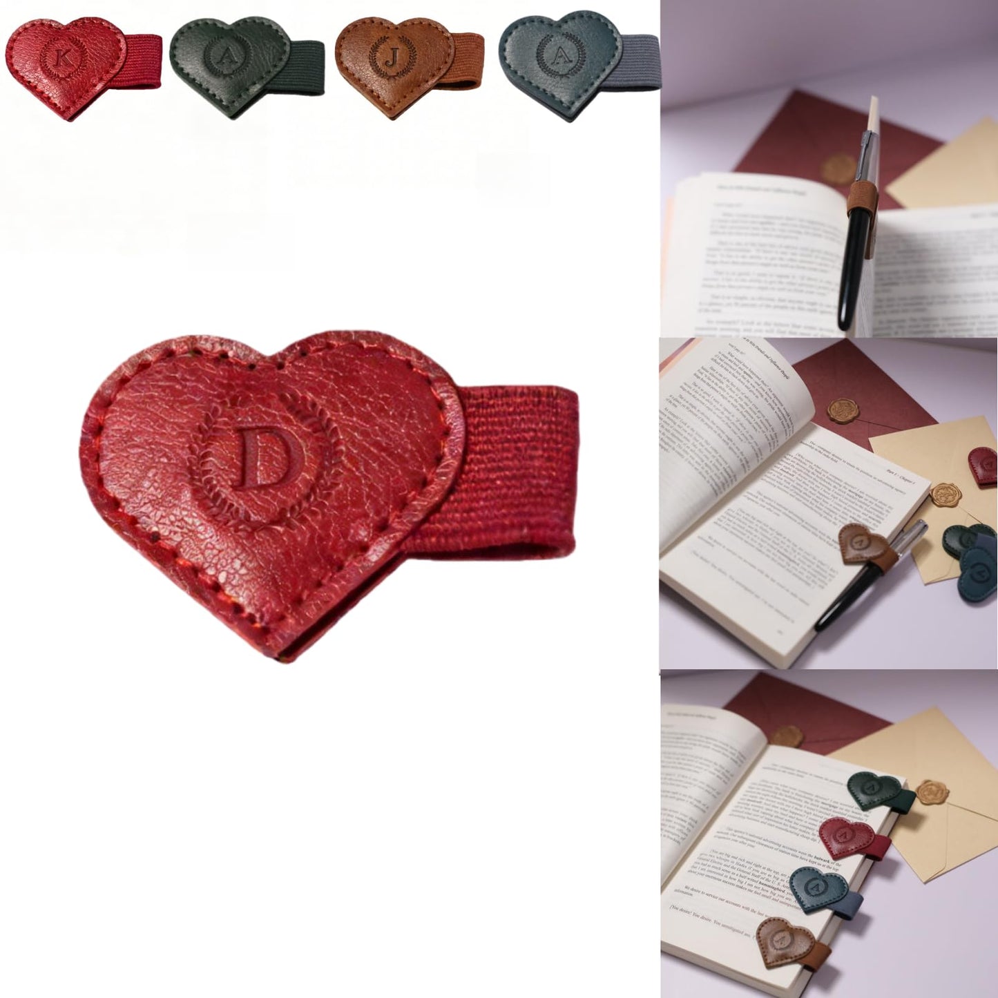 Magnetic Leather Bookmarks with Pen Holder, 26 Letters Name Initial Custom Personalized Heart-Shaped Book Marks for Book Lover Readers, Bygone Cute Leather Bookmark Gift for Women,Girls (Red,J)