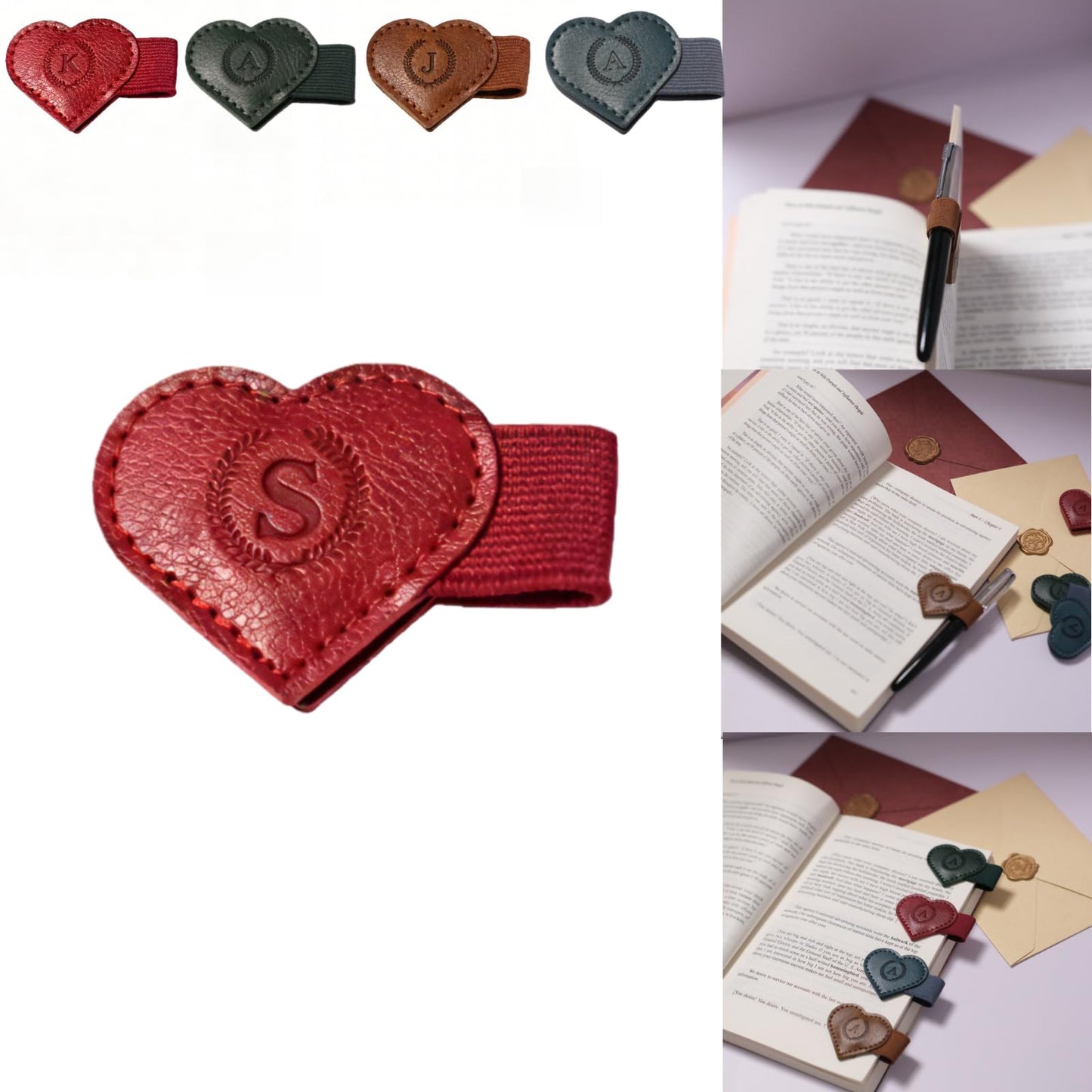 Magnetic Leather Bookmarks with Pen Holder, 26 Letters Name Initial Custom Personalized Heart-Shaped Book Marks for Book Lover Readers, Bygone Cute Leather Bookmark Gift for Women,Girls (Red,J)