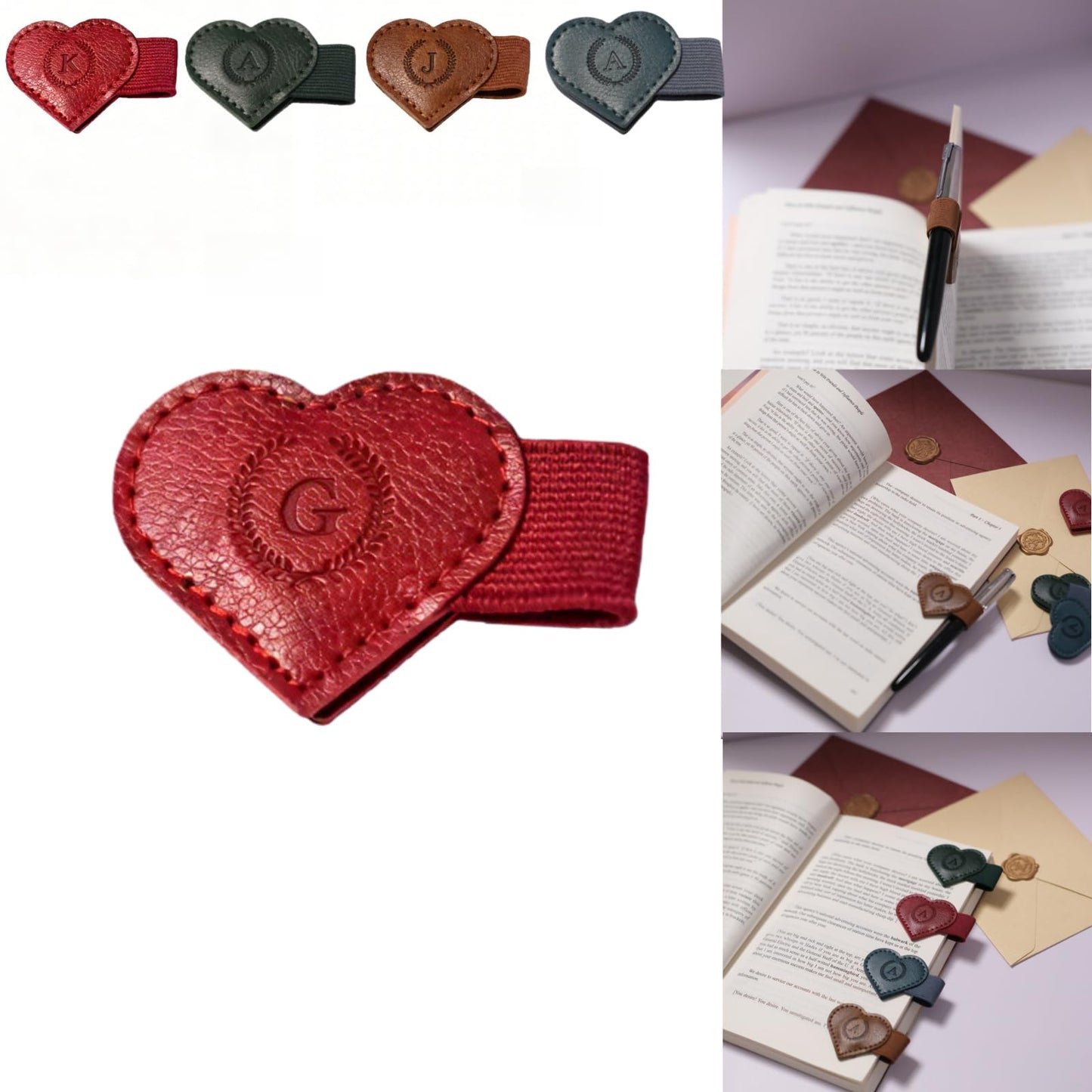 Magnetic Leather Bookmarks with Pen Holder, 26 Letters Name Initial Custom Personalized Heart-Shaped Book Marks for Book Lover Readers, Bygone Cute Leather Bookmark Gift for Women,Girls (Red,J)