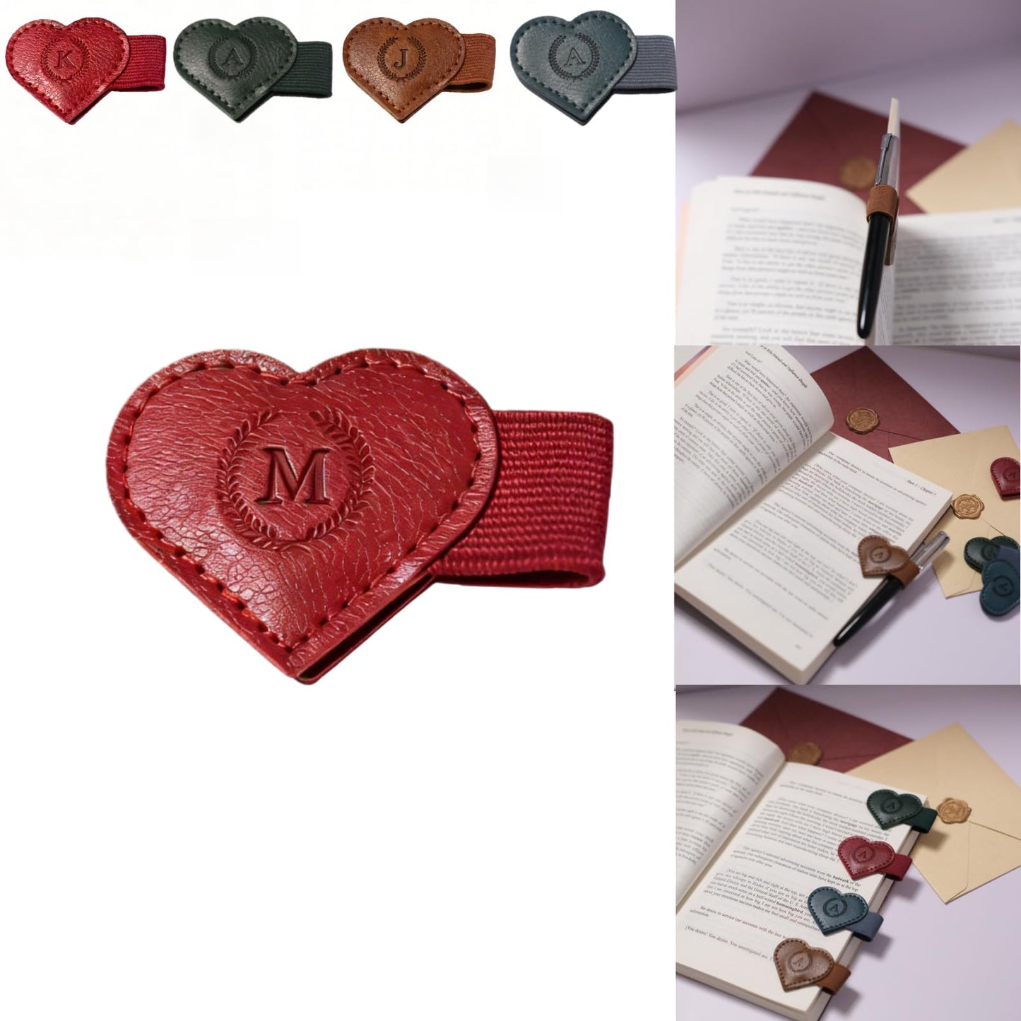 Magnetic Leather Bookmarks with Pen Holder, 26 Letters Name Initial Custom Personalized Heart-Shaped Book Marks for Book Lover Readers, Bygone Cute Leather Bookmark Gift for Women,Girls (Red,J)