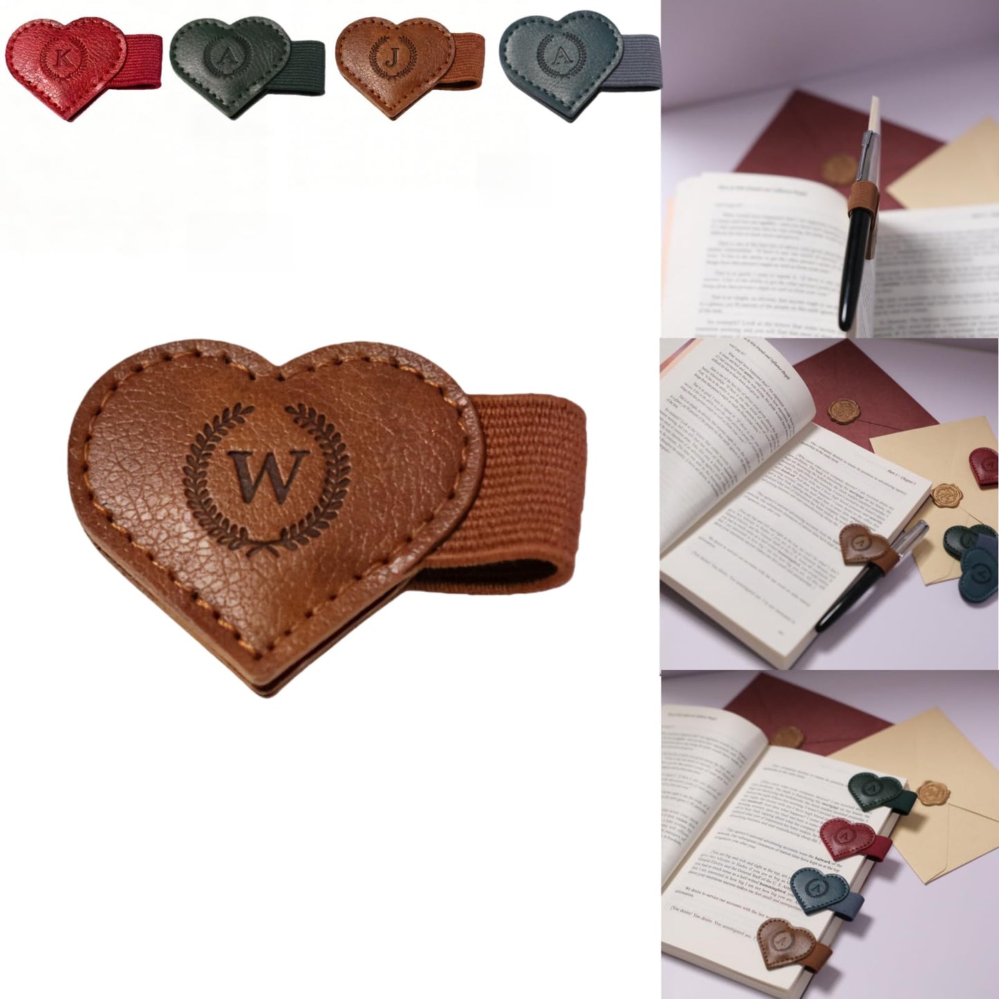 Magnetic Leather Bookmarks with Pen Holder, 26 Letters Name Initial Custom Personalized Heart-Shaped Book Marks for Book Lover Readers, Bygone Cute Leather Bookmark Gift for Women,Girls (Red,J)
