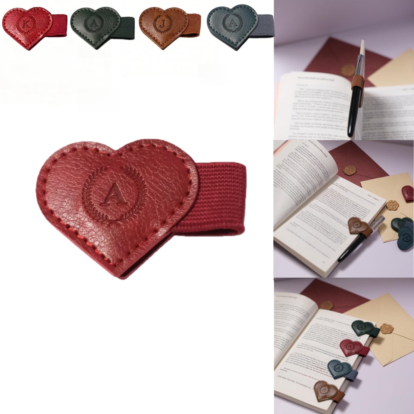 Magnetic Leather Bookmarks with Pen Holder, 26 Letters Name Initial Custom Personalized Heart-Shaped Book Marks for Book Lover Readers, Bygone Cute Leather Bookmark Gift for Women,Girls (Red,J)