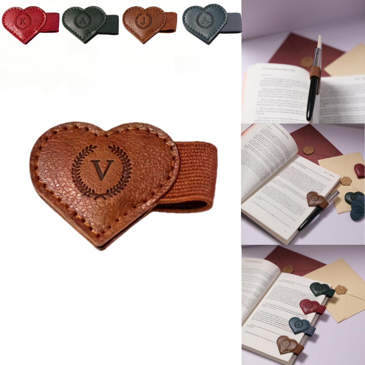 Magnetic Leather Bookmarks with Pen Holder, 26 Letters Name Initial Custom Personalized Heart-Shaped Book Marks for Book Lover Readers, Bygone Cute Leather Bookmark Gift for Women,Girls (Red,J)