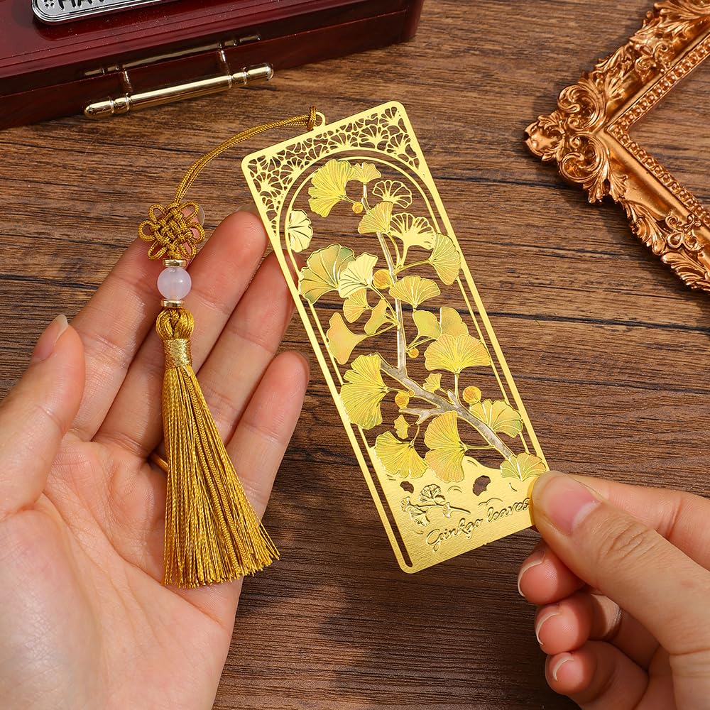 2pcs Bookmark Ginkgo Leaf Theme Elegant Natural Book Marks Set with Tassel, Cute Bookmarks for Writers, Kids, Teens, Men Readers, Reading Accessories Gifts for Book Lovers
