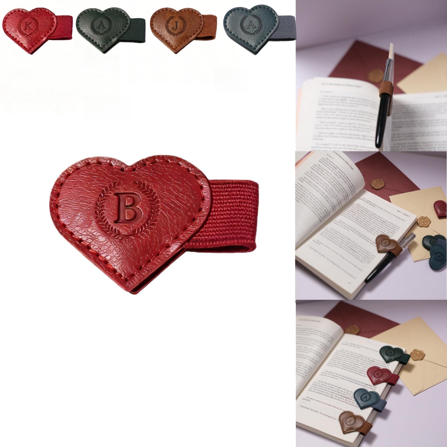 Magnetic Leather Bookmarks with Pen Holder, 26 Letters Name Initial Custom Personalized Heart-Shaped Book Marks for Book Lover Readers, Bygone Cute Leather Bookmark Gift for Women,Girls (Red,J)