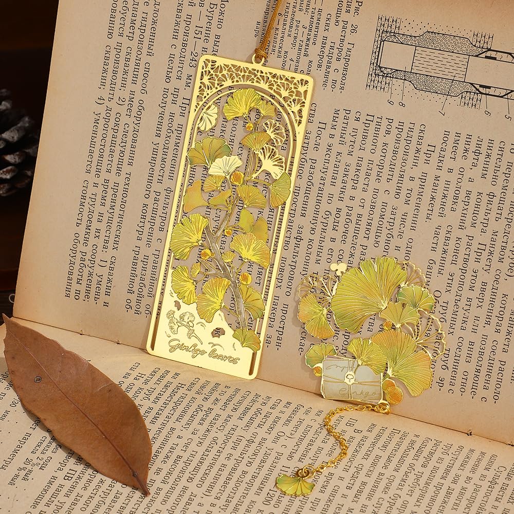 2pcs Bookmark Ginkgo Leaf Theme Elegant Natural Book Marks Set with Tassel, Cute Bookmarks for Writers, Kids, Teens, Men Readers, Reading Accessories Gifts for Book Lovers