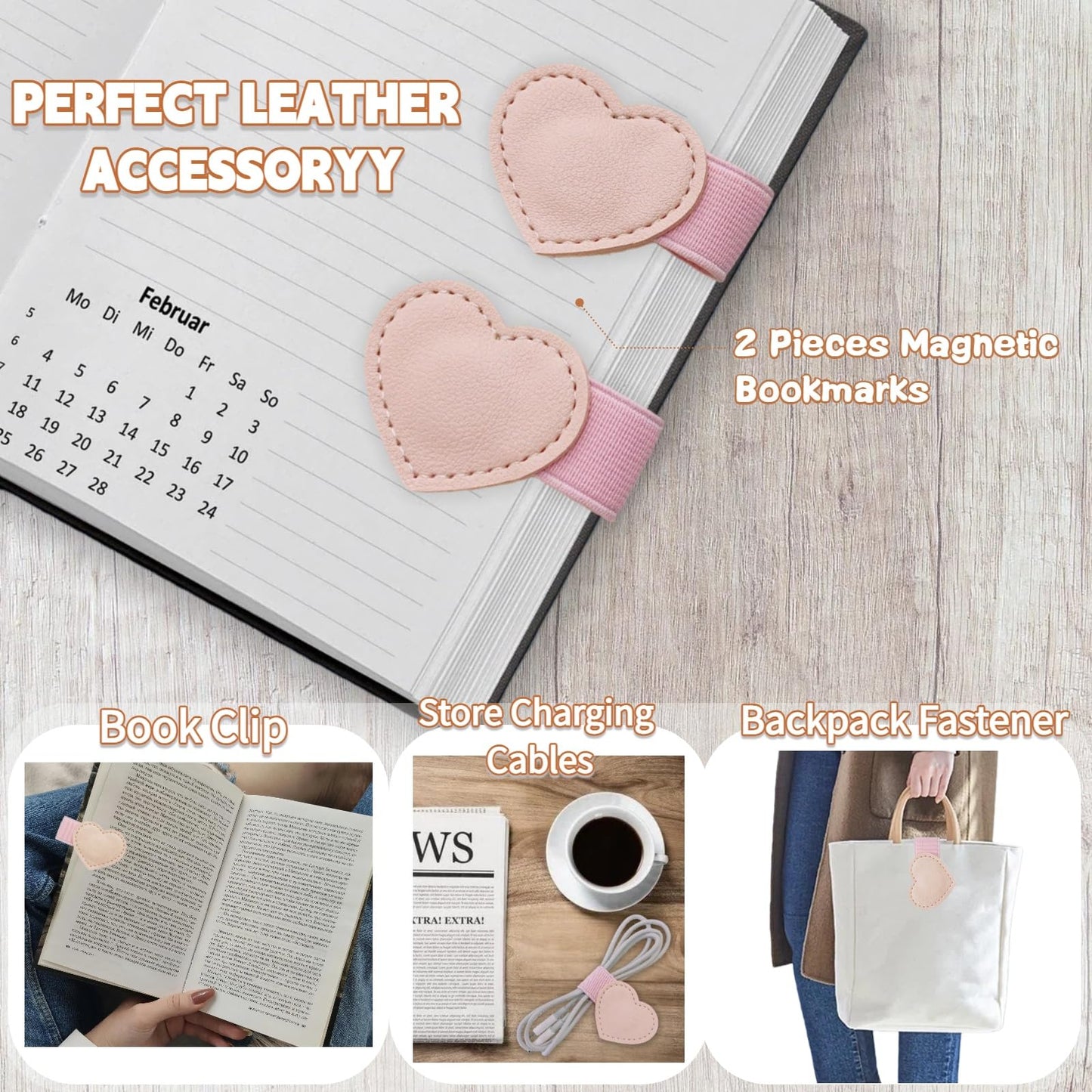 Magnetic Leather Heart Bookmarks with Pen Holder - Winjeto 2 Pieces Cute Book Marks for Reading Women Kids Accessories, Book Lovers Gifts for Friends Teacher School Office Supplies with Gift Box, Pink