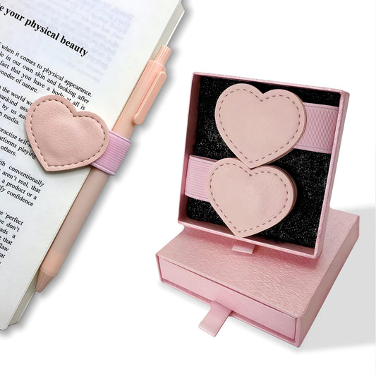 Magnetic Leather Heart Bookmarks with Pen Holder - Winjeto 2 Pieces Cute Book Marks for Reading Women Kids Accessories, Book Lovers Gifts for Friends Teacher School Office Supplies with Gift Box, Pink